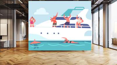 Summertime Vacation Cruise. Young People Relax on Luxury Yacht at Ocean. Happy Male and Female Characters Rest on Ship Wall mural