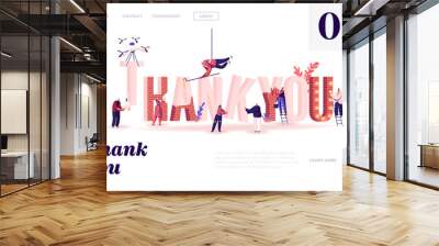 Thanking Website Landing Page. Male and Female Characters Set Up, Painting and Decorate Huge Word Thank You Made of Red Bricks. Gratitude Typography Web Page Banner. Cartoon Flat Vector Illustration Wall mural