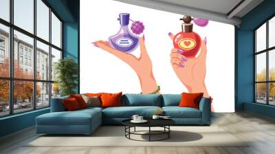 Two Elegant Women Hands Holding Perfume Bottles With Graceful Posture, Reflect A Sense Of Beauty And Sophistication Wall mural