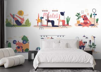 Vlogger Characters Showcase Dynamic Pilates And Power Exercises, Inspiring Viewers To Stay Fit With Engaging Workouts Wall mural