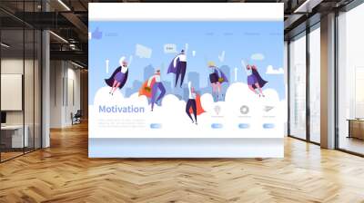 website development landing page template. mobile application layout with flat flying business heroe Wall mural