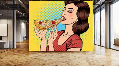 Woman Eating Pizza. Young Woman Holding Big Piece of Pizza. Pop Art Wall mural