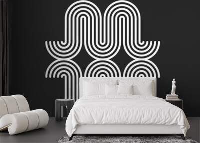 Initials letters MW or WM logo monogram rounded waves shape, combination two letters M and W calligraphic mark, smooth parallel thin lines curves pattern. Wall mural