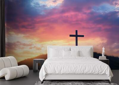 A cross on the hill with a sunset sky background, an Easter concept Wall mural