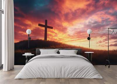 A cross on the hill with a sunset sky background, an Easter concept Wall mural