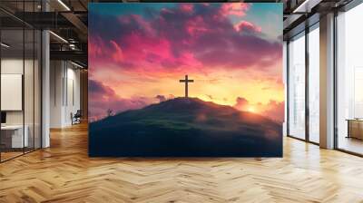 A cross on the hill with a sunset sky background, an Easter concept Wall mural