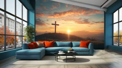 A cross on the hill with a sunset sky background, an Easter concept Wall mural