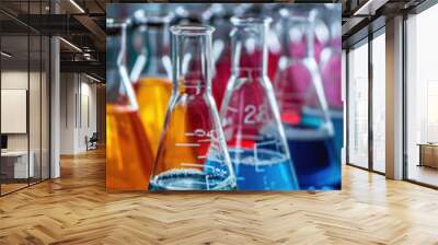 A row of colorful glass beakers filled with various colored liquids Wall mural