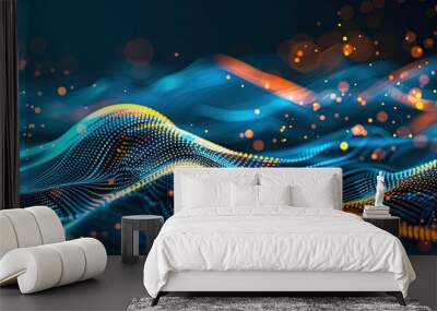 Abstract dark background with orange and blue waves of digital data flowing in the style of light black and navy blue, futuristic network technology concept Wall mural