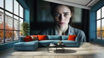 Abuse, humiliation, depression, melancholy, female mental disorder concept. Emotional portrait upset sad young woman indoors looking at camera Wall mural