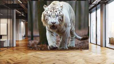 Albino tiger with white fur in the forest. Portrait of a rare exotic animal dangerous predator in nature Wall mural