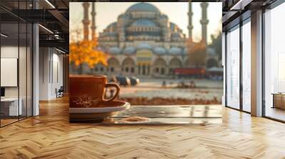 Autumn Morning Coffee with Mosque in Background Wall mural