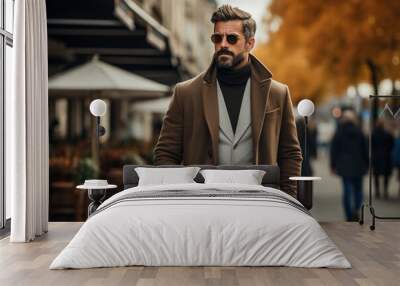 Brutal stylish adult caucasian male model wearing fashion glasses and brown coat walking on city street on autumn day, lifestyle Wall mural