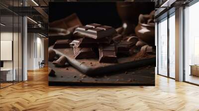 Chocolate pieces, brown sweet dessert. Generative AI Wall mural