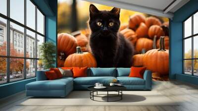 Cute black kitten and orange pumpkins in autumn forest, funny pet sitting outdoors looking at camera. Halloween and October concept Wall mural