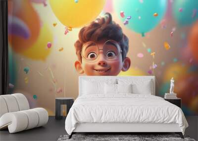 Cute smart little boy in glasses on background of festive balloons, portrait of pretty caucasian child. Celebration, children's birthday. Volumetric doodle illustration of Generative AI Wall mural