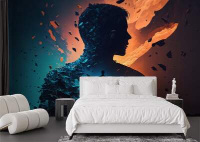 Fantasy, dreams, mental health, psychology concept. Silhouette of man on background of profile of head, consciousness. generative ai illustration Wall mural