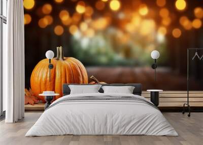 Halloween, orange pumpkins on a wooden table on a bokeh glowing background, copy space Wall mural