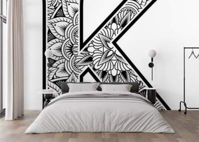 capital letter k with abstract flowers ornaments in black and white. design inspired from mandala art style for coloring. Isolated on white background Wall mural