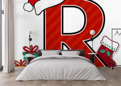 capital letter r with red santa's hat and christmas design elements isolated on white background. can be used for holiday season card, nursery decoration or christmas paty invitation Wall mural