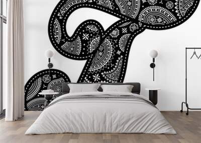 capital letter T with paisley pattern design. Embroidery style in black color. Isolated on white Wall mural