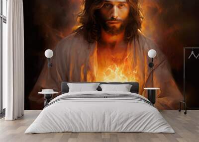 jesus with a flame image over the front Wall mural