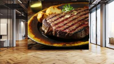 Juicy piece of beef meat, grilled steak on plate close-up. Created by generative ai Wall mural