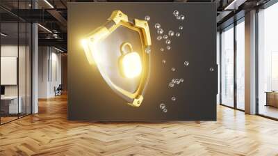 This glowing golden shield with a padlock symbolizes safety and defense, making it ideal for projects centered on security and digital protection that require robust solutions Wall mural