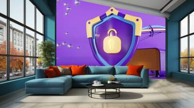 This vibrant digital illustration of a shield symbolizes data security, featuring a central padlock. It conveys the importance of protecting sensitive information and online safety Wall mural