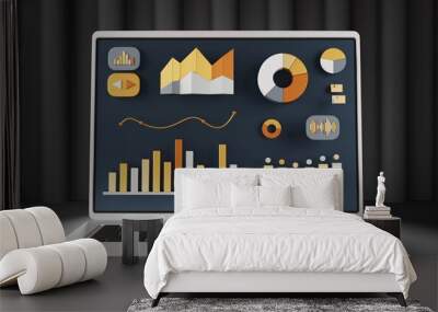 Three-dimensional graphs, charts, histograms and other elements of business data analysis on the screen of a laptop standing on a table on a dark background. Frontal view, close-up. Interface concept Wall mural