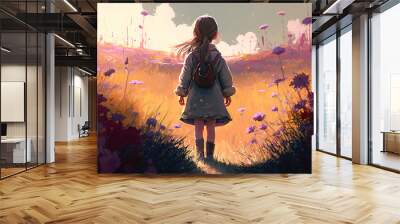 Lonely little girl child with a backpack in a flower field, back view. Childhood illustration, Generative AI Wall mural