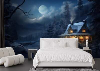 Beautiful winter landscape with a wooden house in the forest. Wall mural