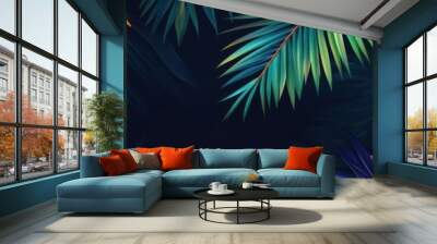 Bright tropical background banner with jungle plants and an exotic pattern featuring palm leaves. Wall mural