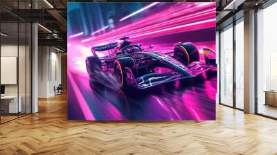 car racing at high speed with neon lights. Wall mural