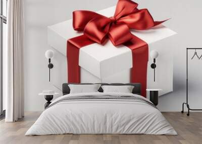 white cardboard gift box with a red ribbon and bow on Wall mural