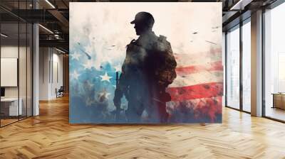 Patriot day concept. Silhouette of soldier with weapons on background of American flag, USA Independence Day Wall mural