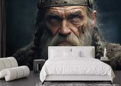 Portrait of an old gray-haired barbarian warrior with bloody wound on his face looking at camera, outdoors Wall mural