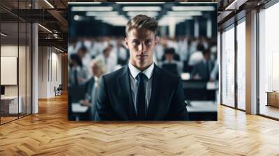 Portrait of male manager in a business suit in an office with crowd of people employees working in background. Businessman or trainee in workplace Wall mural