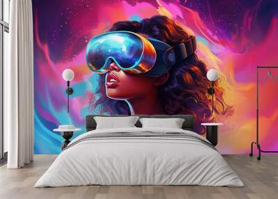 Portrait of pretty african american young woman enjoying fantasy world in vr goggles, black woman using virtual reality helmet. Colorful illustration, Generative AI Wall mural