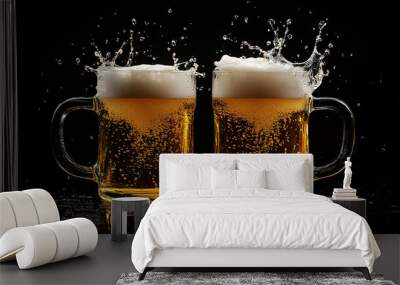 Two mugs of beer with splashes isolated on a black background Wall mural