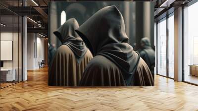 Two religious medieval monks in hood and mantle, rear view of pilgrims in crowd of people. Created by Generative AI Wall mural