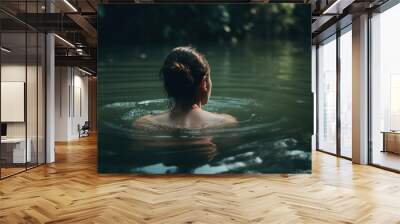 Wild swimming, rest recovery, water relaxation concept. Rear view of caucasian brunette woman floating in pond in nature, close-up. Generative AI Wall mural