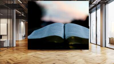 Open Holy Bible inside the car. Blurred background with beautiful blue sky and pink clouds at sunset. Close-up. Horizontal shot. Wall mural