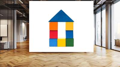 House made of old cubes. Wooden colorful building blocks isolated on white background. Vintage childrens toys. Wall mural