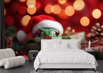 A Green Wooden Snake wearing a Santa Claus hat surrounded by gifts and a Christmas tree on red bokeh Background Wall mural