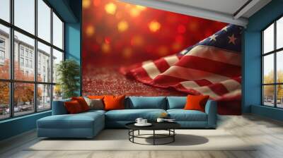 American flag on the blue background with red and gold stars, for Memorial Day or 4th of July. Independent of USA. Flat lay with copy space. Happy Labor Day concept Wall mural