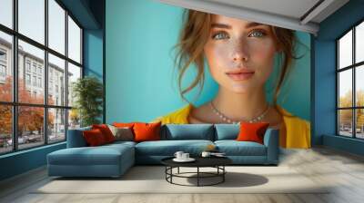 beauty, people and jewelry concept - beautiful young woman wearing shiny diamond pendant Wall mural