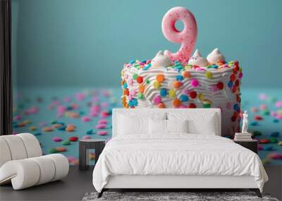 cake decorated, topper number one for baby birthday on a light background Wall mural