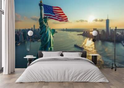 Independent Day of USA. Statue of liberty and american Flag Wave Close Up for Memorial Day or 4th of July Wall mural