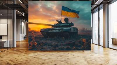 The Ukrainian flag on a battle tank in the field after the end of the battle. green camouflage. Wall mural